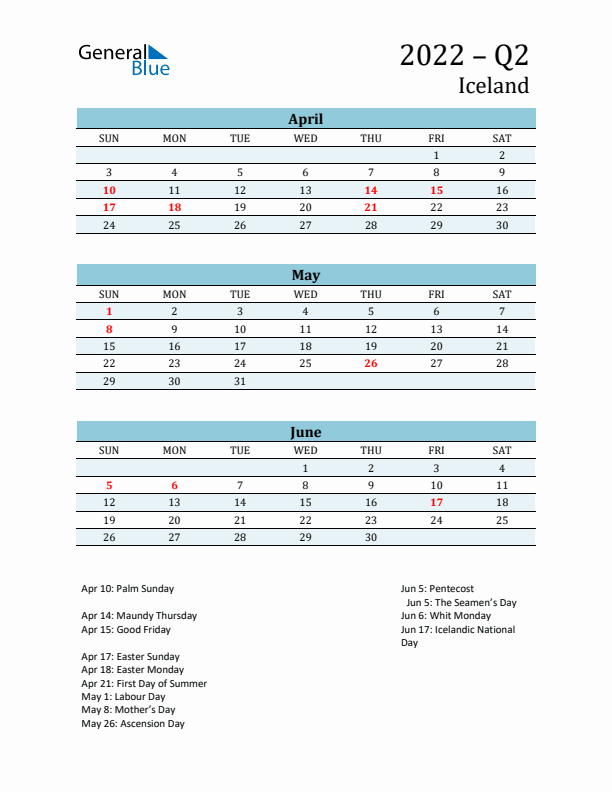 Three-Month Planner for Q2 2022 with Holidays - Iceland