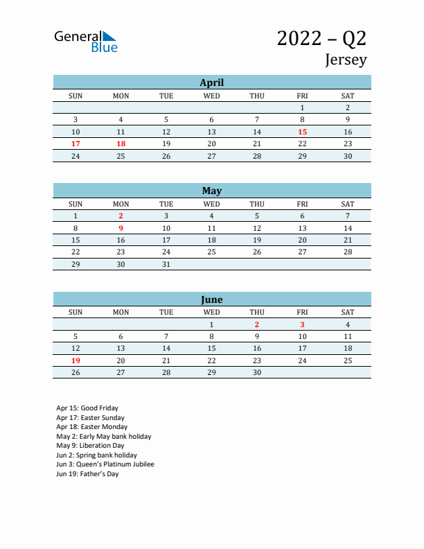 Three-Month Planner for Q2 2022 with Holidays - Jersey