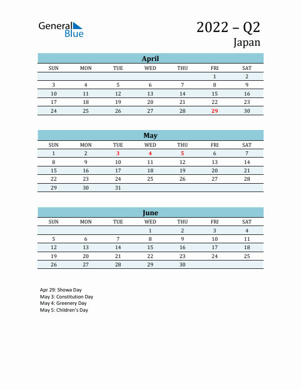 Three-Month Planner for Q2 2022 with Holidays - Japan