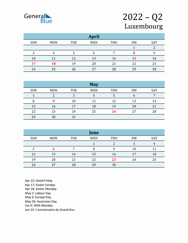 Three-Month Planner for Q2 2022 with Holidays - Luxembourg