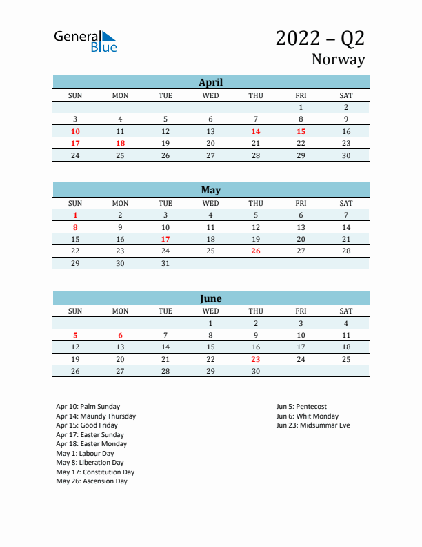 Three-Month Planner for Q2 2022 with Holidays - Norway