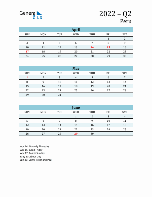 Three-Month Planner for Q2 2022 with Holidays - Peru