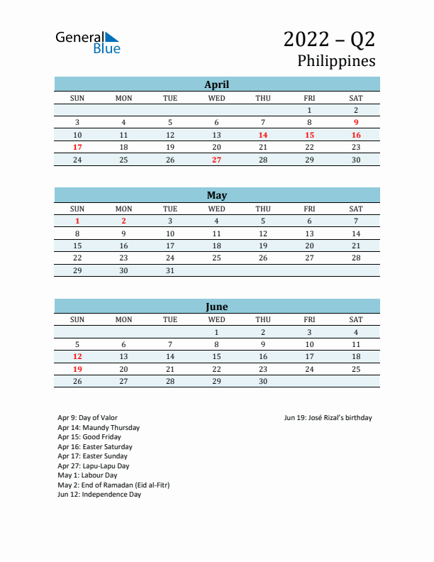 Three-Month Planner for Q2 2022 with Holidays - Philippines