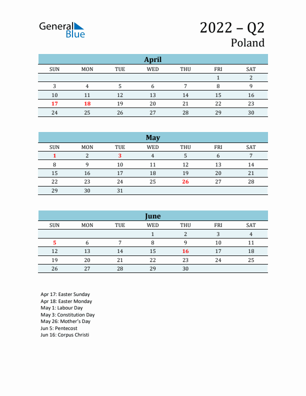 Three-Month Planner for Q2 2022 with Holidays - Poland