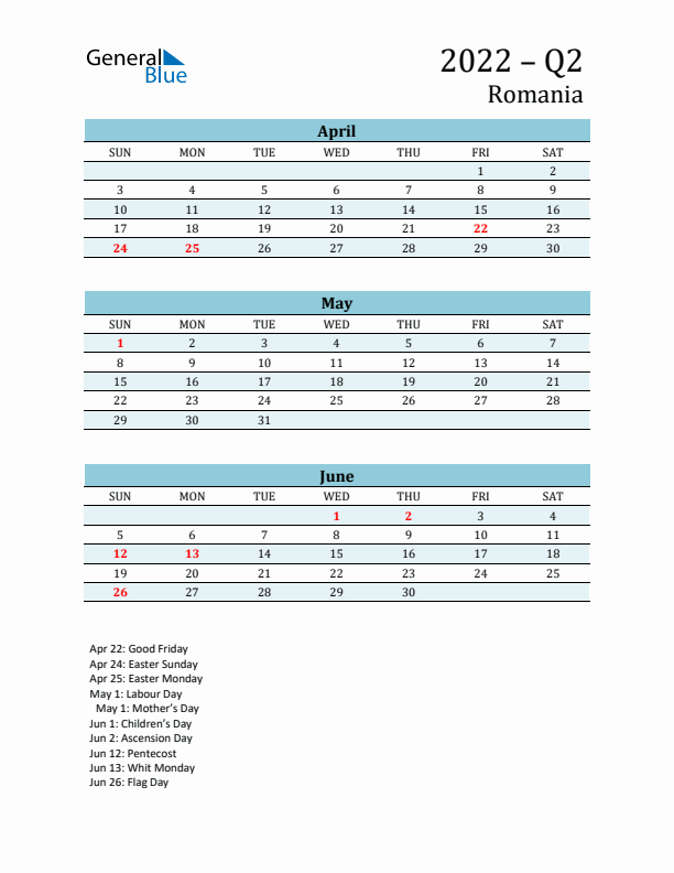 Three-Month Planner for Q2 2022 with Holidays - Romania