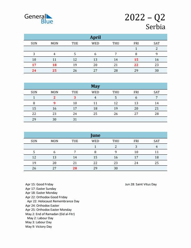 Three-Month Planner for Q2 2022 with Holidays - Serbia