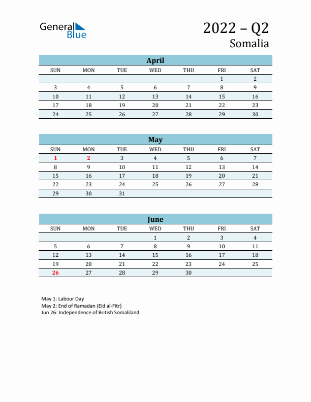 Three-Month Planner for Q2 2022 with Holidays - Somalia