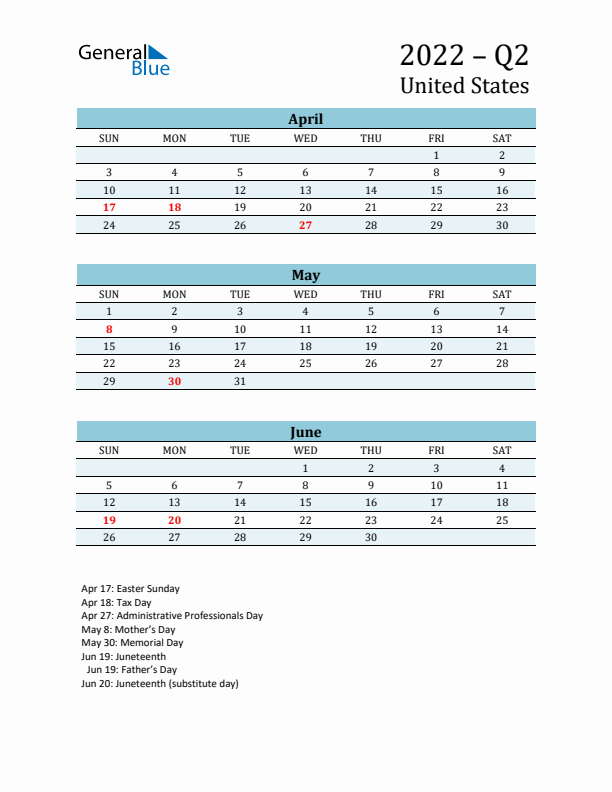 Three-Month Planner for Q2 2022 with Holidays - United States