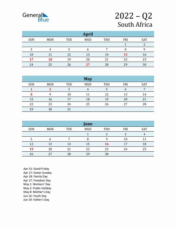 Three-Month Planner for Q2 2022 with Holidays - South Africa