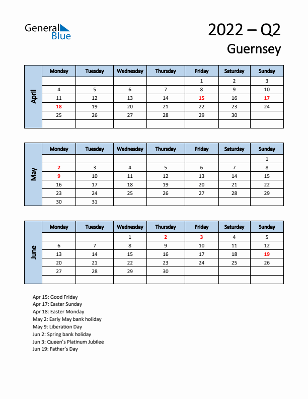 Free Q2 2022 Calendar for Guernsey - Monday Start