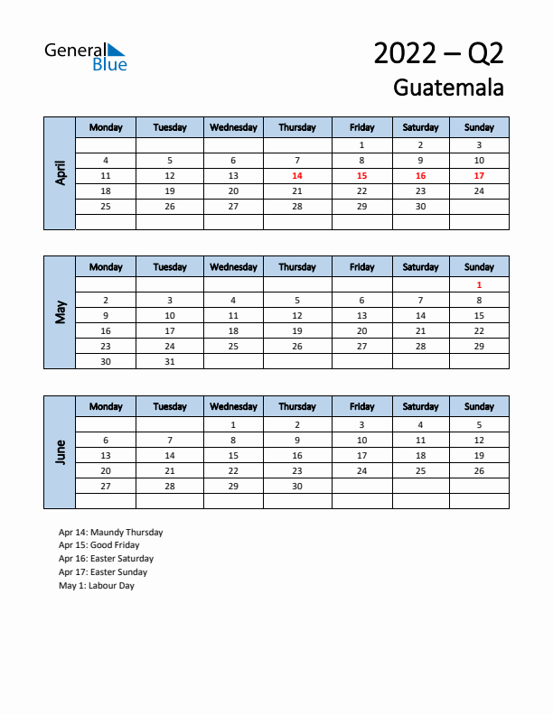 Free Q2 2022 Calendar for Guatemala - Monday Start