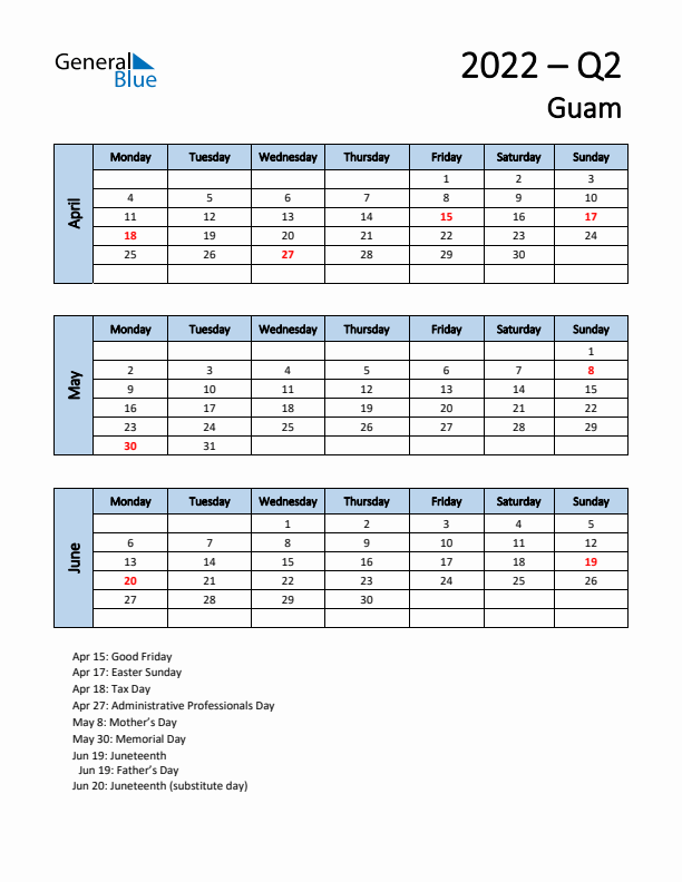 Free Q2 2022 Calendar for Guam - Monday Start