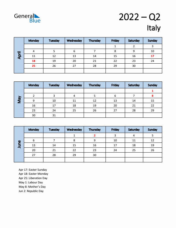 Free Q2 2022 Calendar for Italy - Monday Start