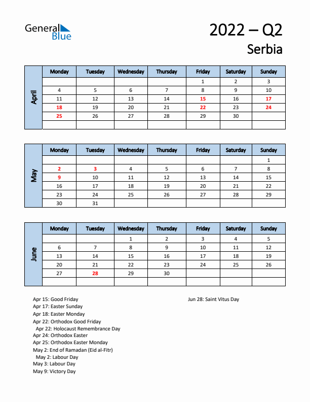 Free Q2 2022 Calendar for Serbia - Monday Start