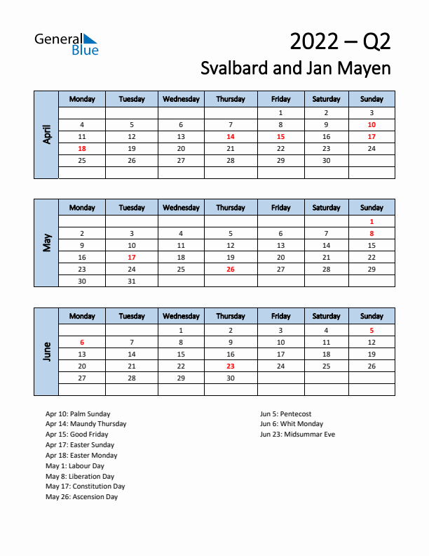 Free Q2 2022 Calendar for Svalbard and Jan Mayen - Monday Start