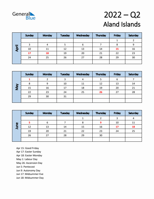 Free Q2 2022 Calendar for Aland Islands - Sunday Start