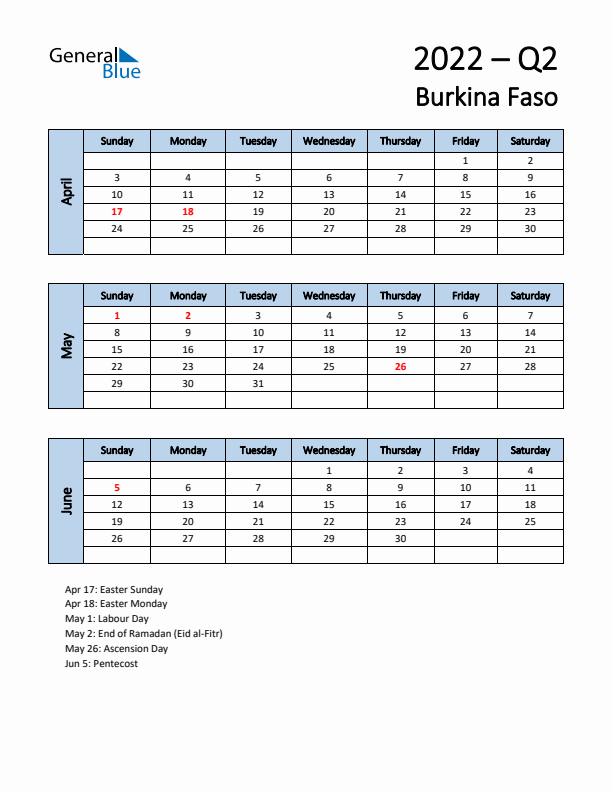 Free Q2 2022 Calendar for Burkina Faso - Sunday Start