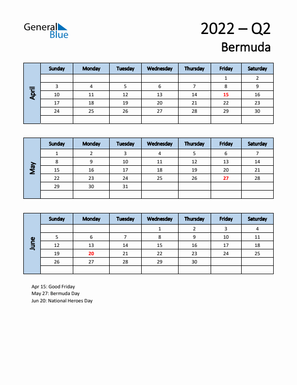 Free Q2 2022 Calendar for Bermuda - Sunday Start