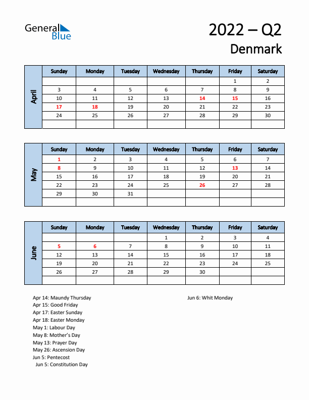 Free Q2 2022 Calendar for Denmark - Sunday Start