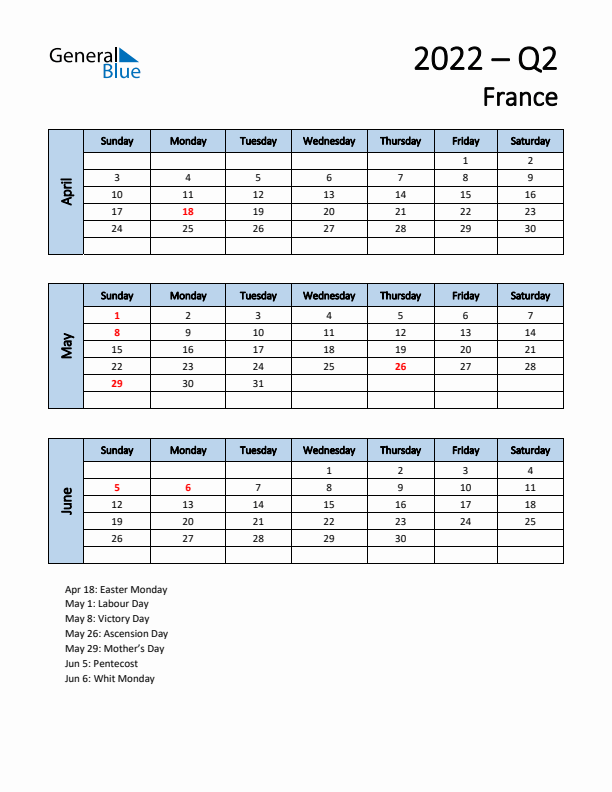 Free Q2 2022 Calendar for France - Sunday Start