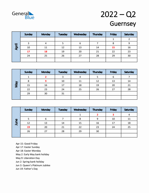 Free Q2 2022 Calendar for Guernsey - Sunday Start