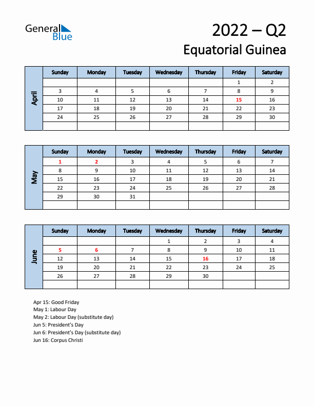 Free Q2 2022 Calendar for Equatorial Guinea - Sunday Start