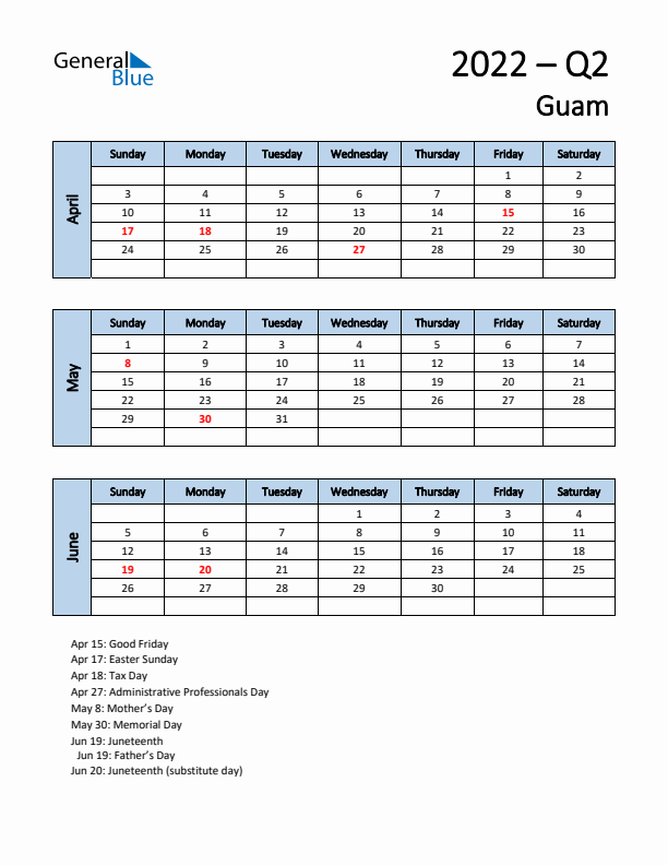 Free Q2 2022 Calendar for Guam - Sunday Start