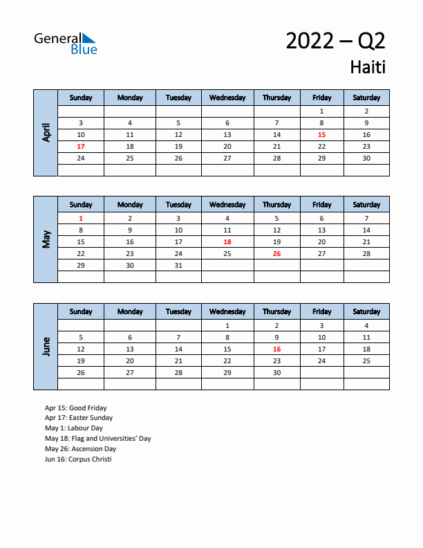 Free Q2 2022 Calendar for Haiti - Sunday Start