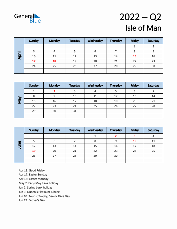 Free Q2 2022 Calendar for Isle of Man - Sunday Start