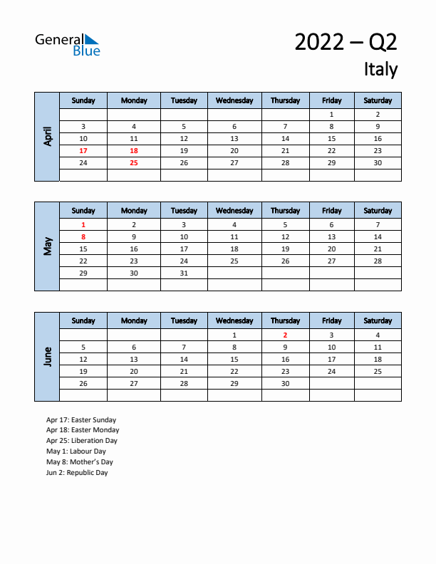 Free Q2 2022 Calendar for Italy - Sunday Start