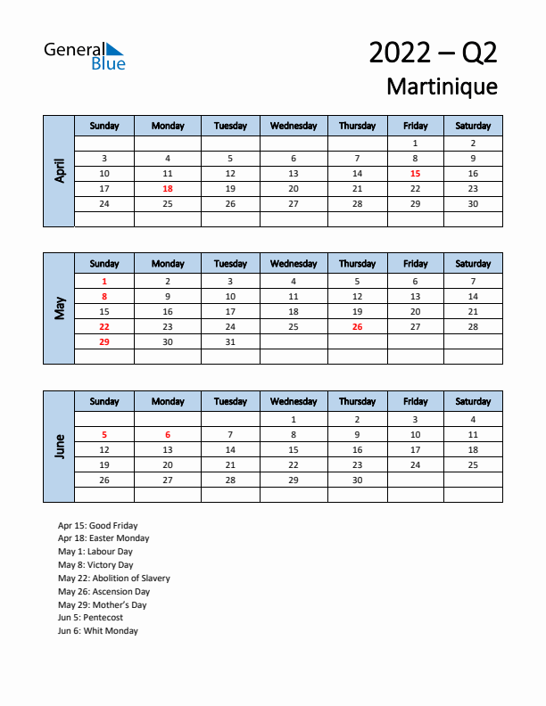 Free Q2 2022 Calendar for Martinique - Sunday Start