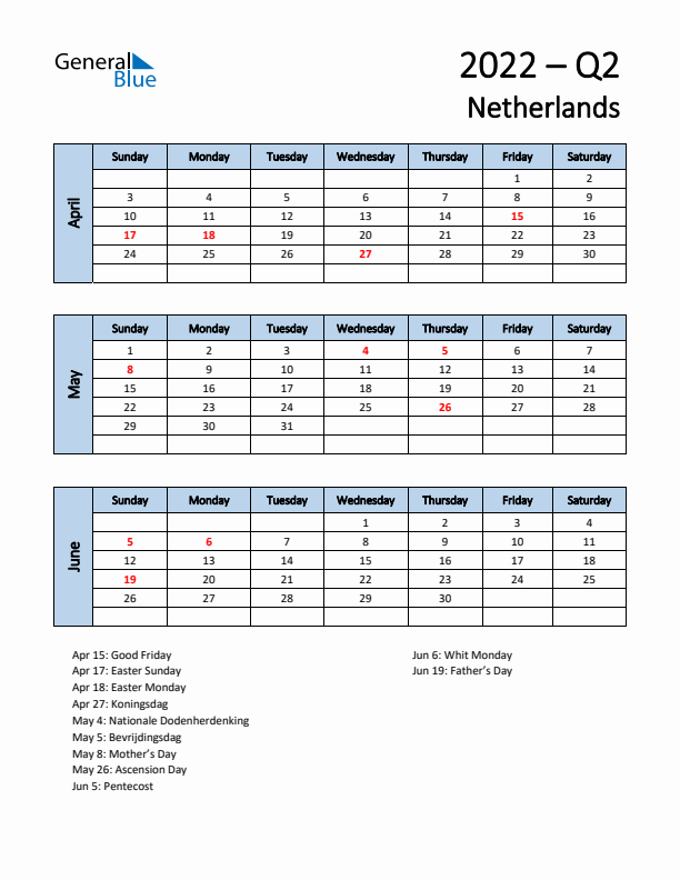 Free Q2 2022 Calendar for The Netherlands - Sunday Start