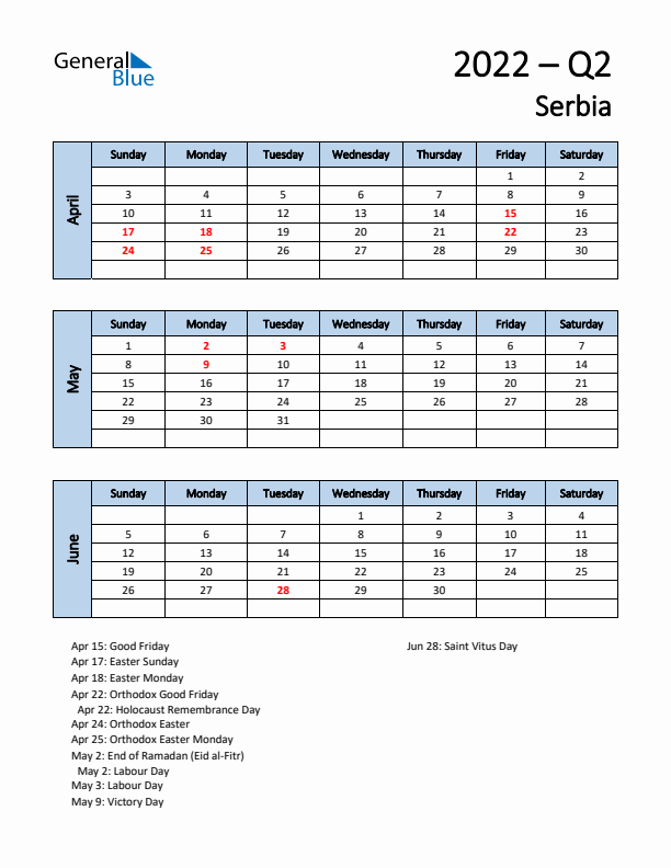 Free Q2 2022 Calendar for Serbia - Sunday Start