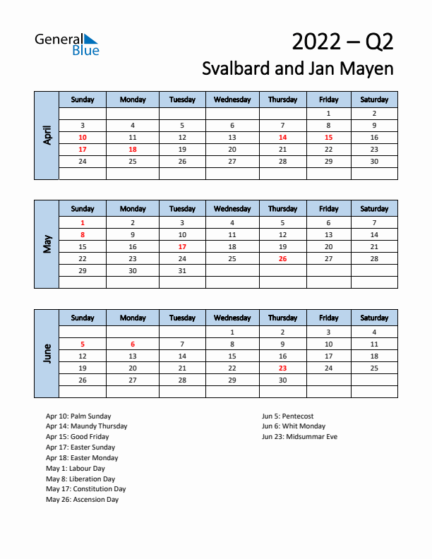 Free Q2 2022 Calendar for Svalbard and Jan Mayen - Sunday Start