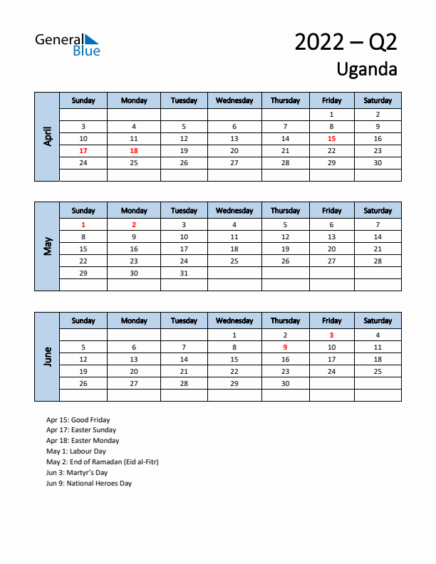 Free Q2 2022 Calendar for Uganda - Sunday Start