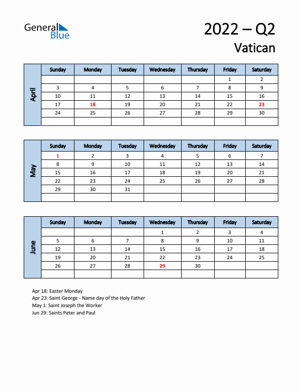 Free Q2 2022 Calendar for Vatican - Sunday Start