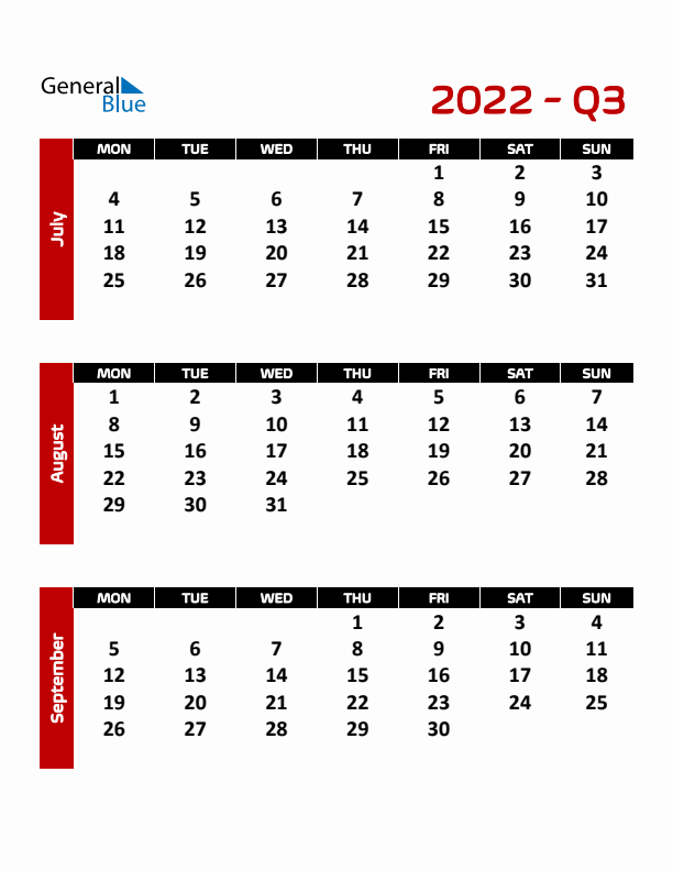 Editable Quarterly Calendar (Monday Start)