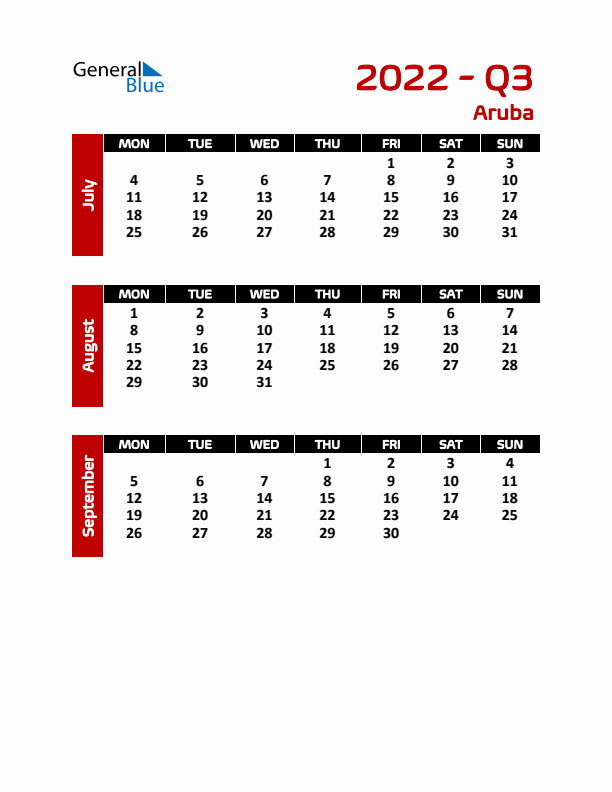 Q3 2022 Calendar with Holidays in Aruba