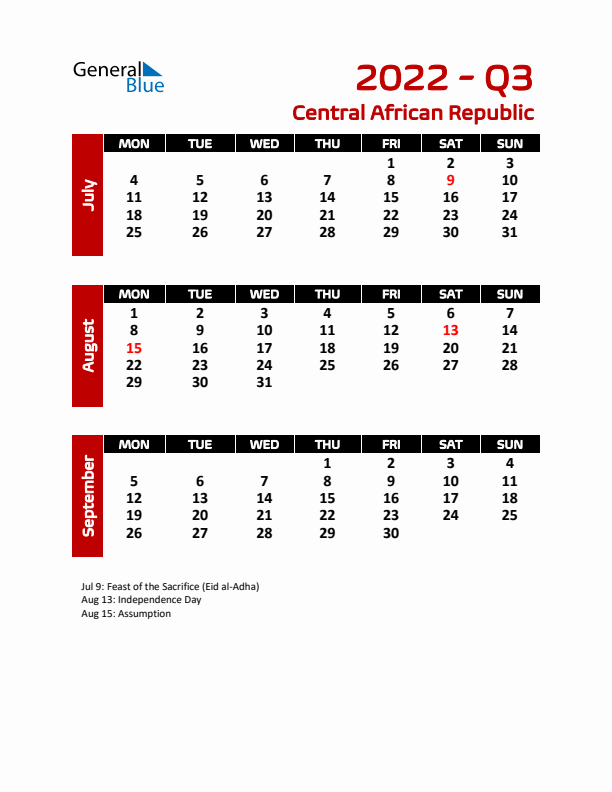 Q3 2022 Calendar with Holidays in Central African Republic