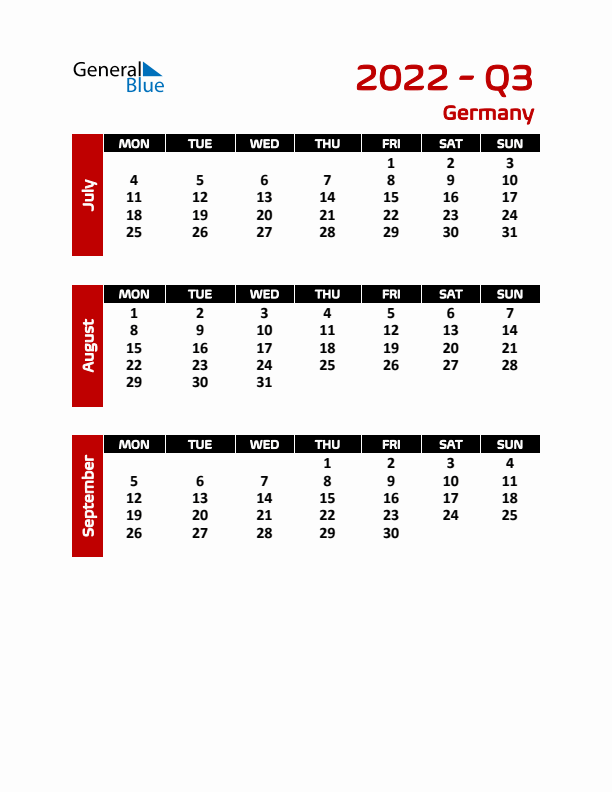 Q3 2022 Calendar with Holidays in Germany