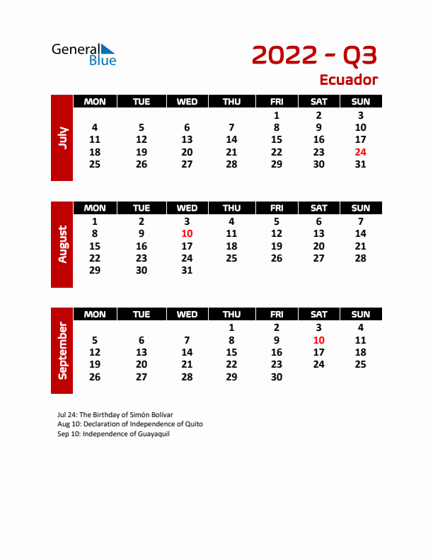 Q3 2022 Calendar with Holidays in Ecuador