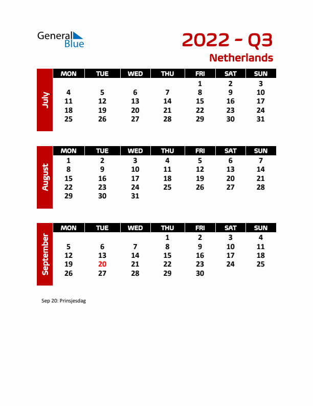 Q3 2022 Calendar with Holidays in The Netherlands