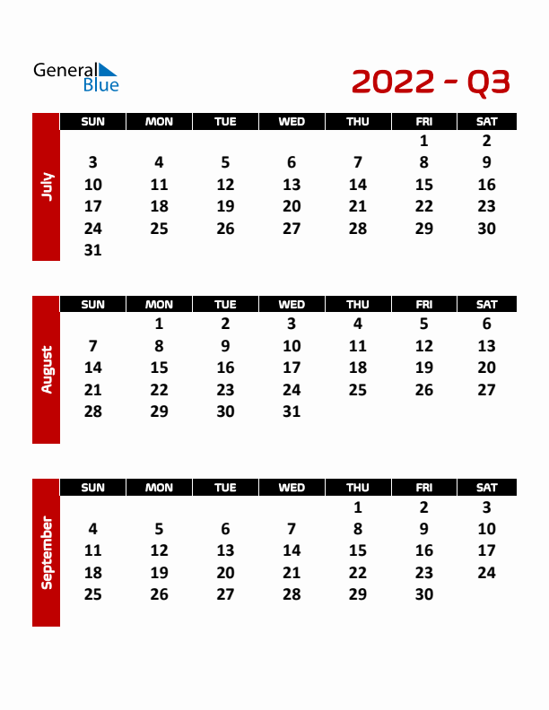 Editable Quarterly Calendar (Sunday Start)