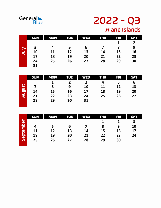 Q3 2022 Calendar with Holidays in Aland Islands