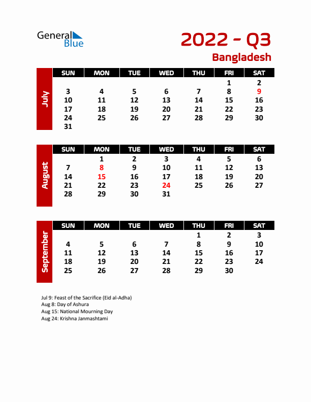 Q3 2022 Calendar with Holidays in Bangladesh