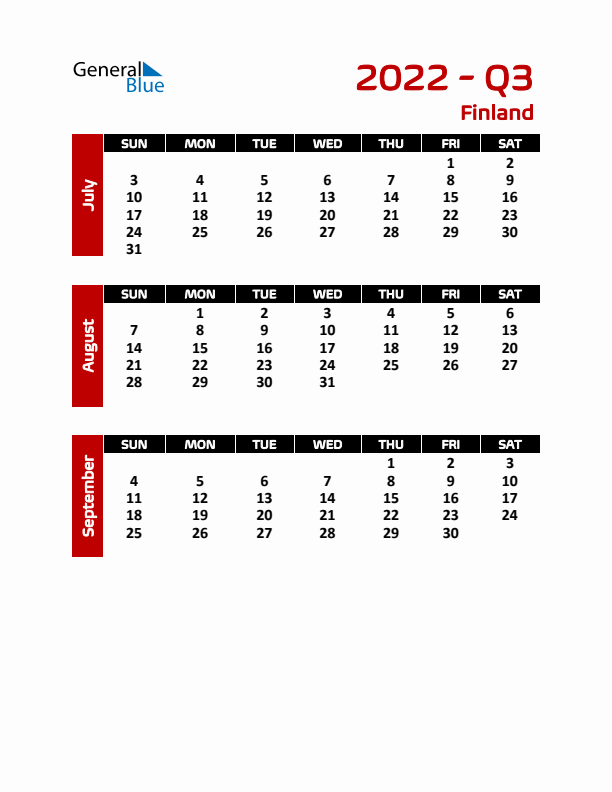 Q3 2022 Calendar with Holidays in Finland