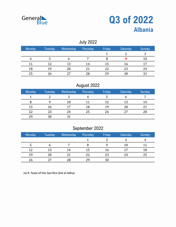 Albania Q3 2022 Quarterly Calendar with Monday Start