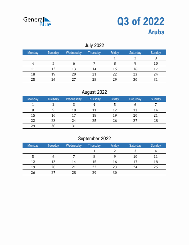 Aruba Q3 2022 Quarterly Calendar with Monday Start