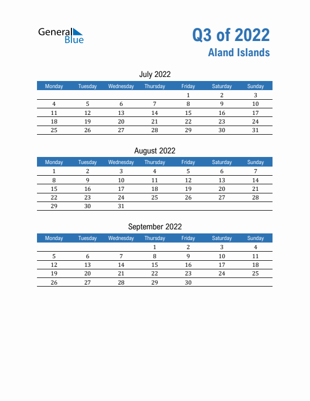 Aland Islands Q3 2022 Quarterly Calendar with Monday Start