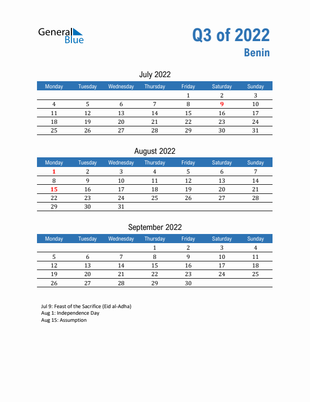 Benin Q3 2022 Quarterly Calendar with Monday Start